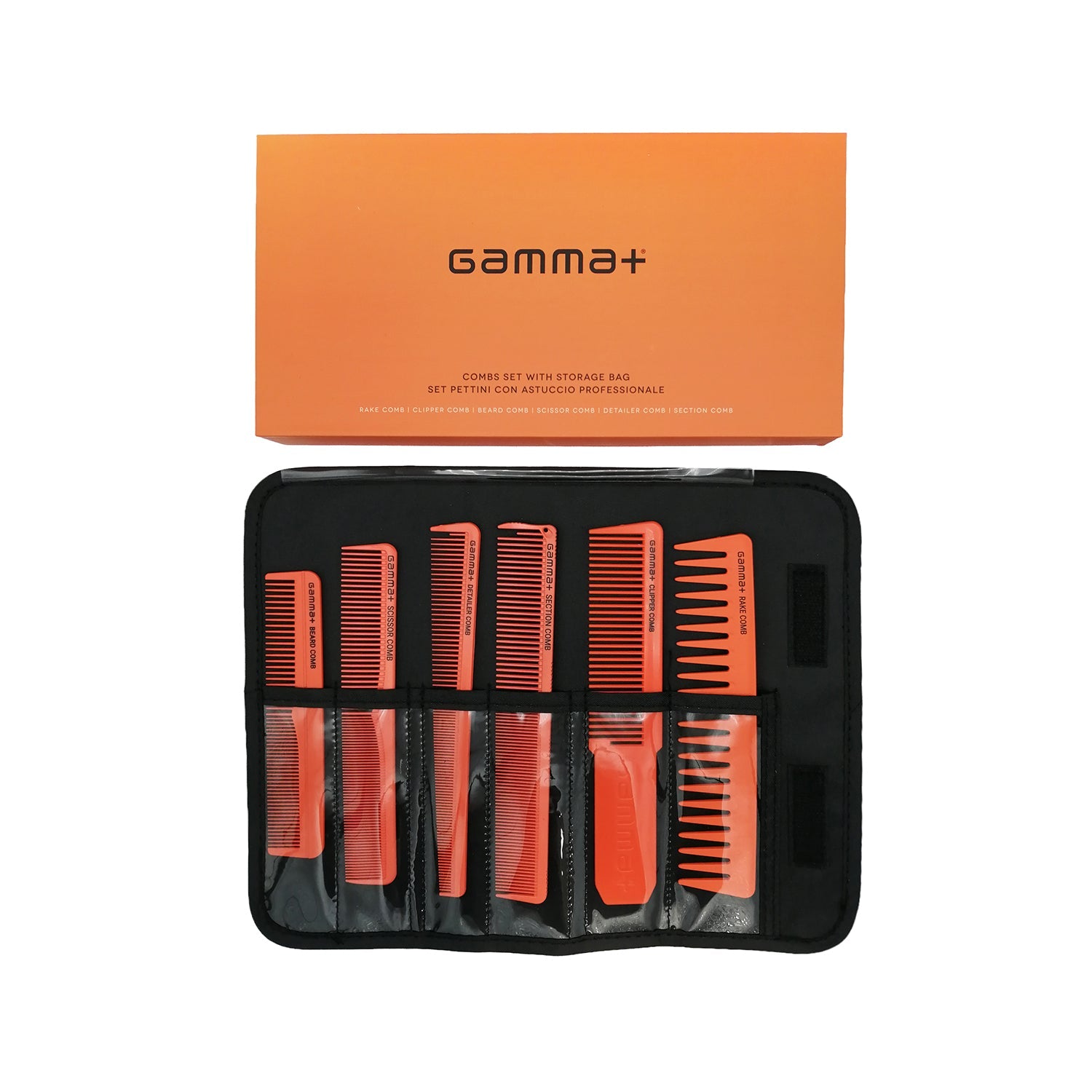 Gamma+ Professional 6-Piece Comb Set with Storage Case - Orange