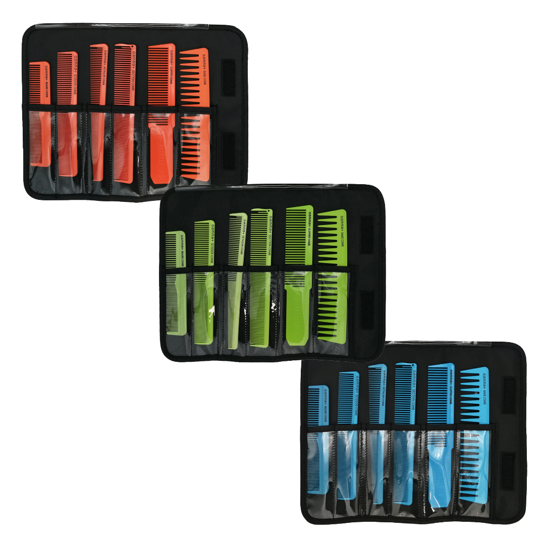 Gamma+ Professional 6-Piece Comb Set with Storage Case - Blue
