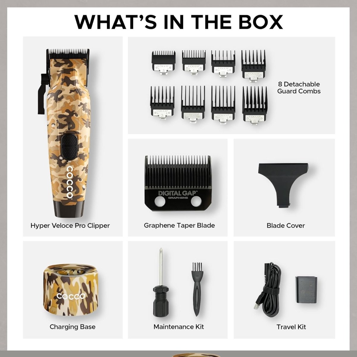 Cocco Hyper Veloce Pro Cordless Clipper w/ Digital Gap Ambassador Graphene Taper Blade + Charging Stand - Limited Edition Camo (CHVPC - CAMO) - Kade Hair