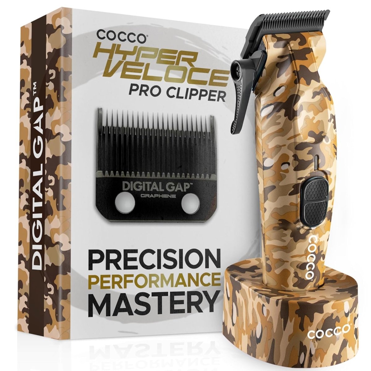 Cocco Hyper Veloce Pro Cordless Clipper w/ Digital Gap Ambassador Graphene Taper Blade + Charging Stand - Limited Edition Camo (CHVPC - CAMO) - Kade Hair