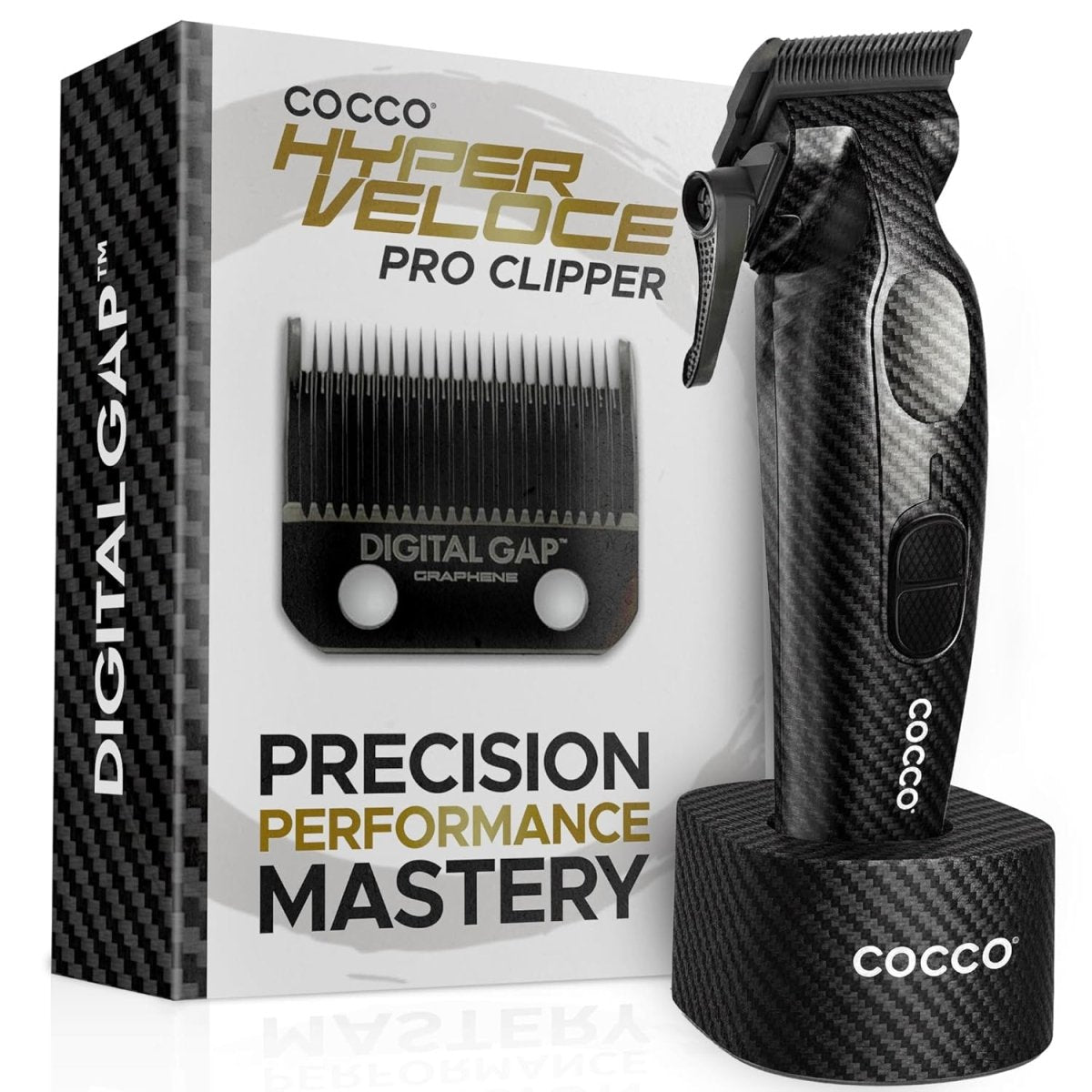 Cocco Hyper Veloce Pro Cordless Clipper w/ Digital Gap Ambassador Graphene Taper Blade + Charging Stand - Limited Edition Carbon Fiber - Kade Hair