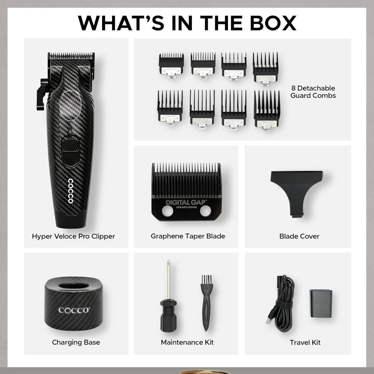 Cocco Hyper Veloce Pro Cordless Clipper w/ Digital Gap Ambassador Graphene Taper Blade + Charging Stand - Limited Edition Carbon Fiber - Kade Hair