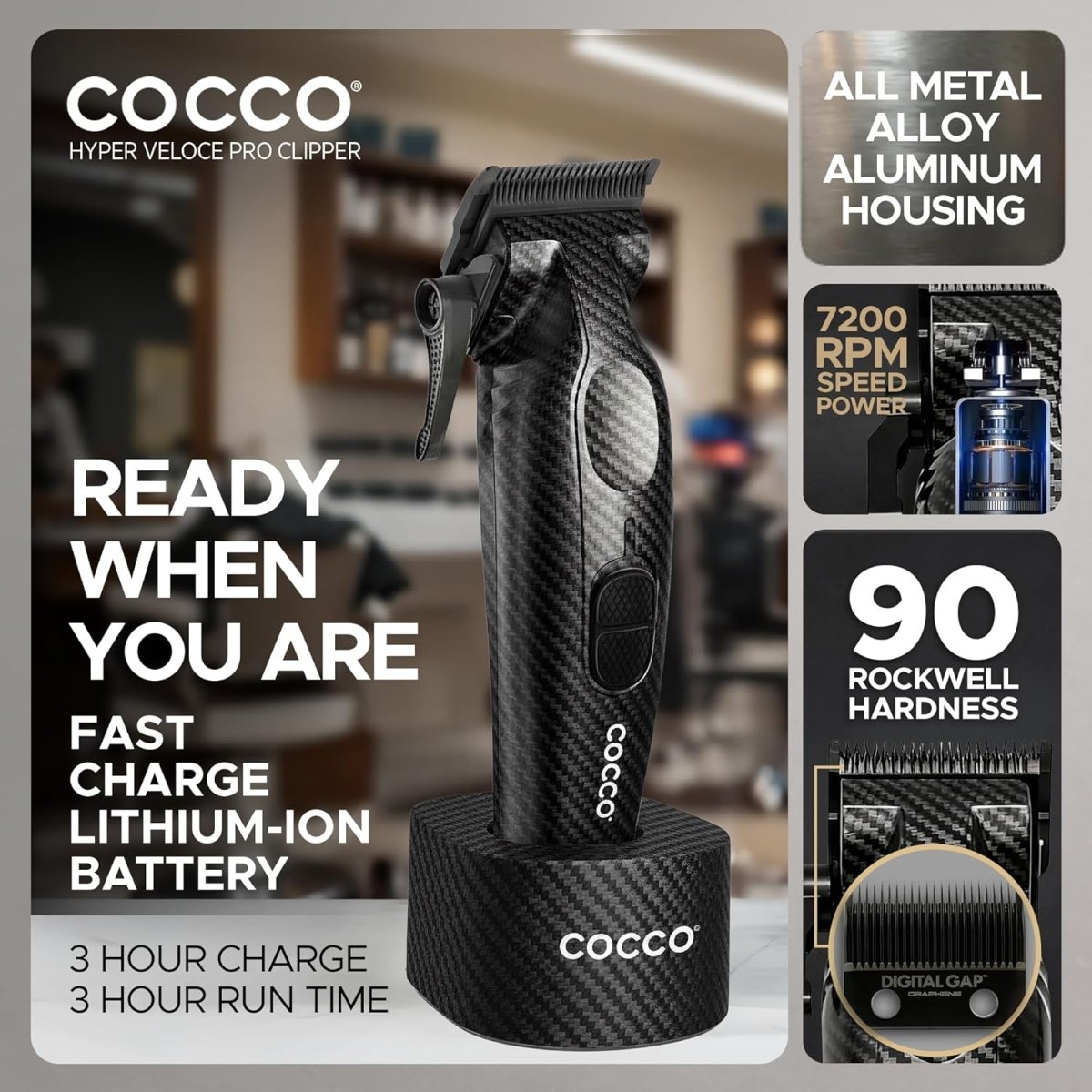 Cocco Hyper Veloce Pro Cordless Clipper w/ Digital Gap Ambassador Graphene Taper Blade + Charging Stand - Limited Edition Carbon Fiber - Kade Hair