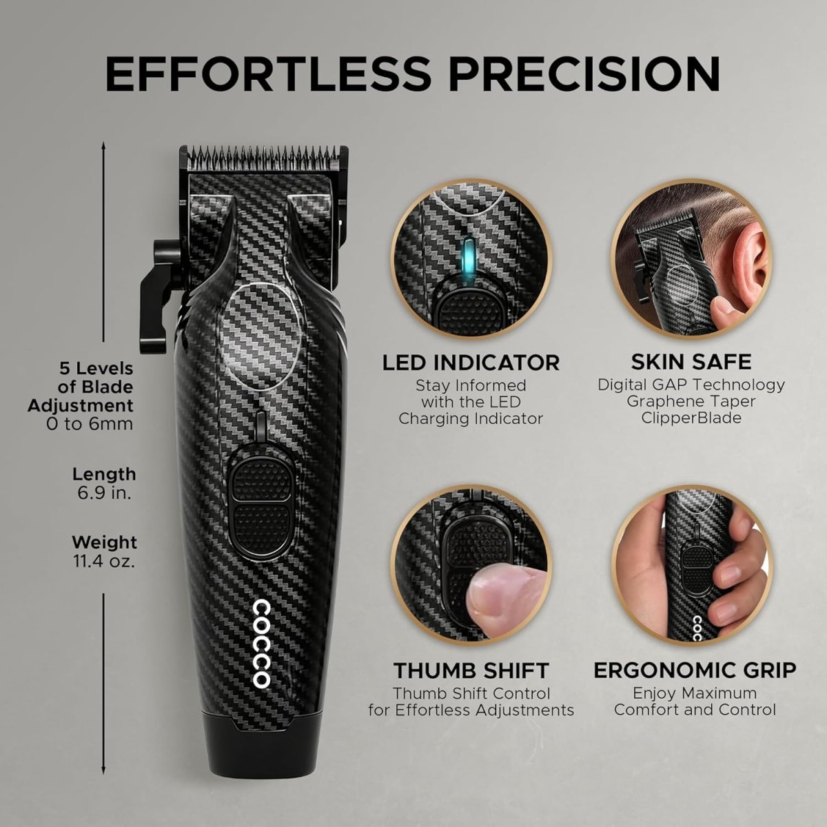 Cocco Hyper Veloce Pro Cordless Clipper w/ Digital Gap Ambassador Graphene Taper Blade + Charging Stand - Limited Edition Carbon Fiber - Kade Hair