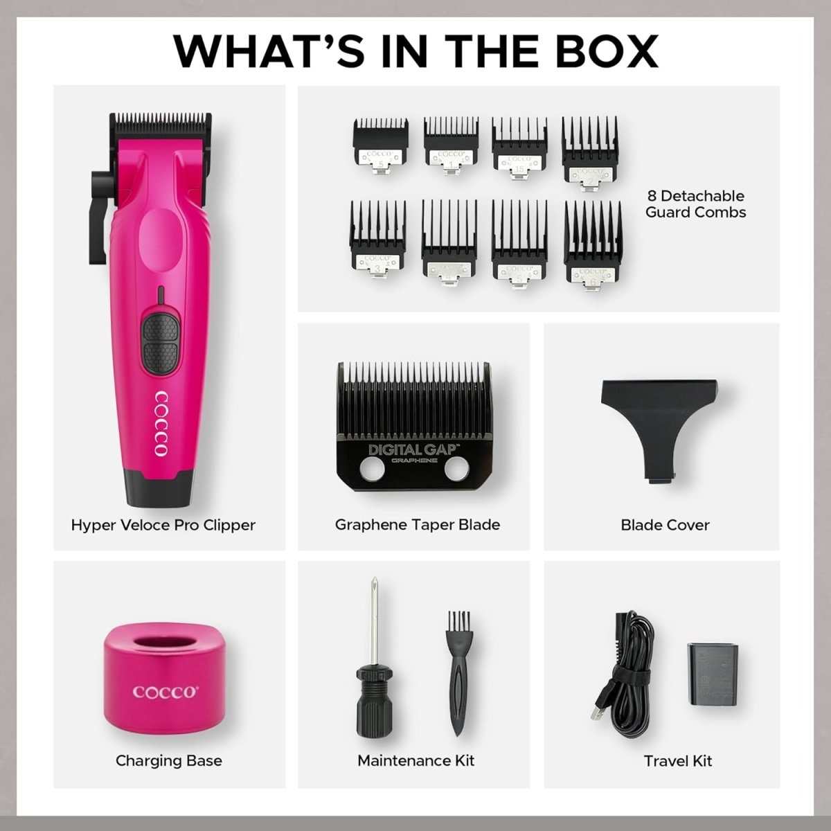 Cocco Hyper Veloce Pro Cordless Clipper w/ Digital Gap Ambassador Graphene Taper Blade + Charging Stand - Limited Edition Pink (CHVPC - PINK) - Kade Hair