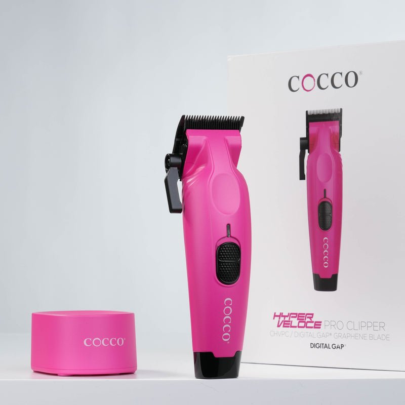 Cocco Hyper Veloce Pro Cordless Clipper w/ Digital Gap Ambassador Graphene Taper Blade + Charging Stand - Limited Edition Pink (CHVPC - PINK) - Kade Hair