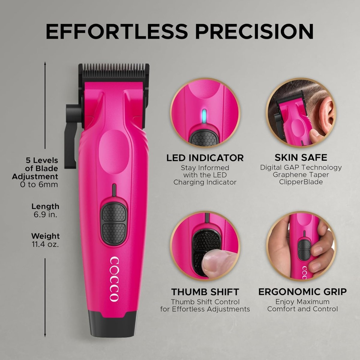 Cocco Hyper Veloce Pro Cordless Clipper w/ Digital Gap Ambassador Graphene Taper Blade + Charging Stand - Limited Edition Pink (CHVPC - PINK) - Kade Hair