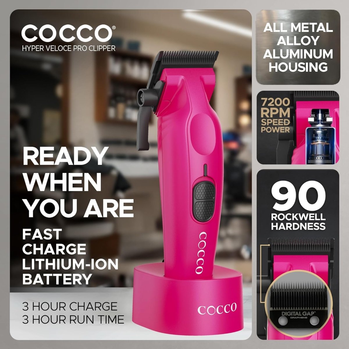 Cocco Hyper Veloce Pro Cordless Clipper w/ Digital Gap Ambassador Graphene Taper Blade + Charging Stand - Limited Edition Pink (CHVPC - PINK) - Kade Hair