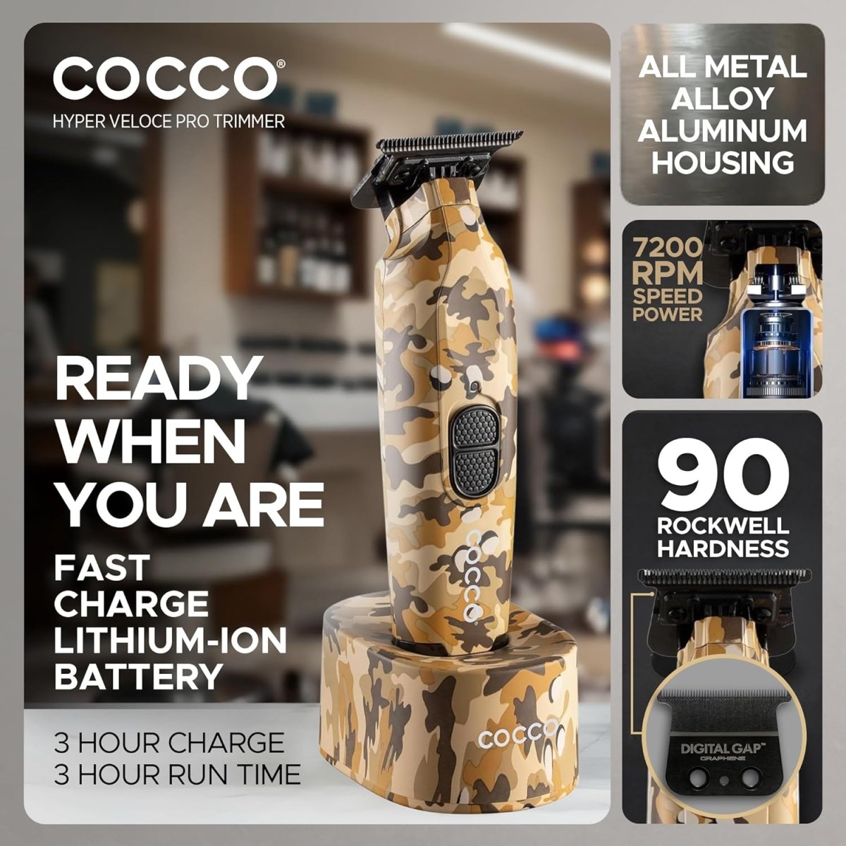 Cocco Hyper Veloce Pro Cordless Trimmer w/ Digital Gap Ambassador Graphene Blade + Charging Stand - Limited Edition Camo (CHVPT - CAMO) - Kade Hair