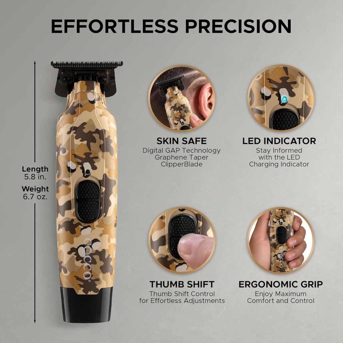 Cocco Hyper Veloce Pro Cordless Trimmer w/ Digital Gap Ambassador Graphene Blade + Charging Stand - Limited Edition Camo (CHVPT - CAMO) - Kade Hair