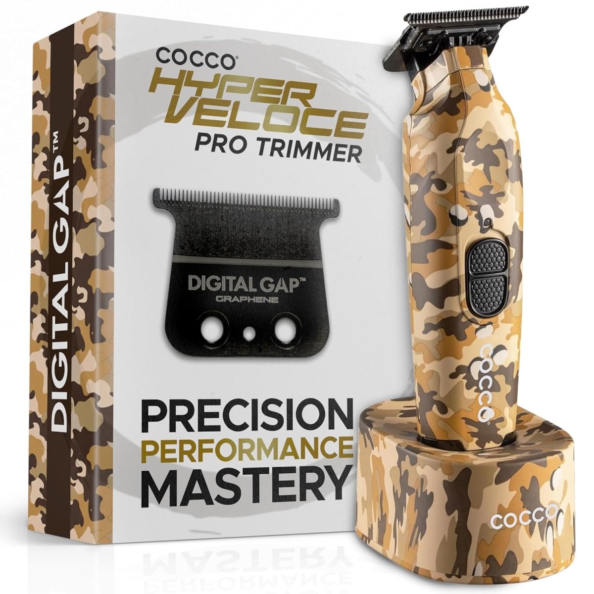Cocco Hyper Veloce Pro Cordless Trimmer w/ Digital Gap Ambassador Graphene Blade + Charging Stand - Limited Edition Camo (CHVPT - CAMO) - Kade Hair
