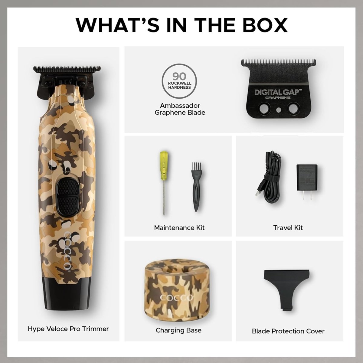 Cocco Hyper Veloce Pro Cordless Trimmer w/ Digital Gap Ambassador Graphene Blade + Charging Stand - Limited Edition Camo (CHVPT - CAMO) - Kade Hair