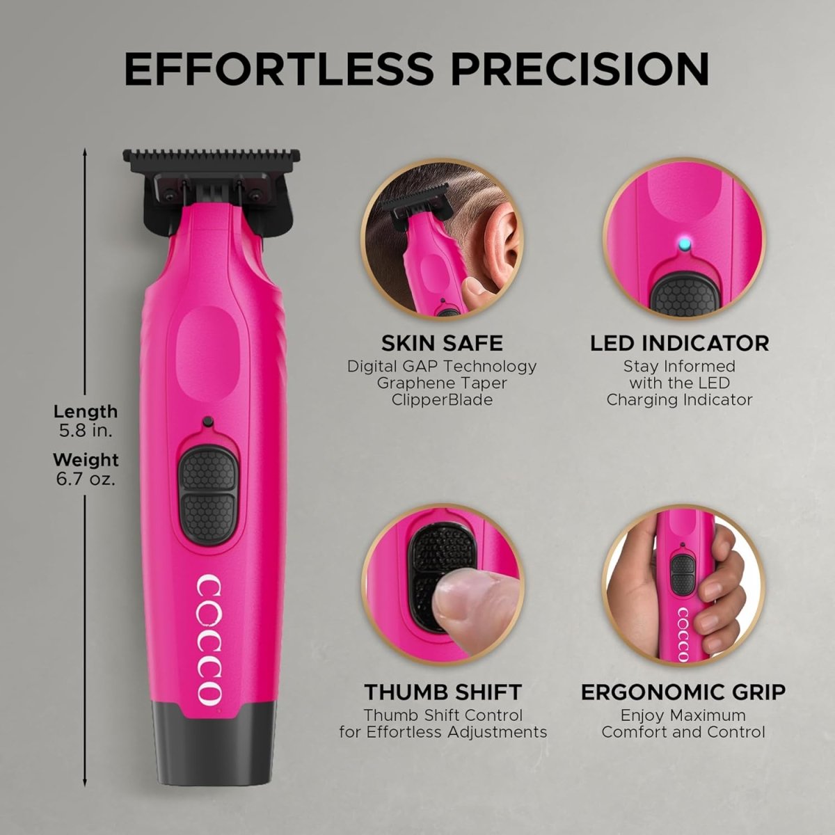 Cocco Hyper Veloce Pro Cordless Trimmer w/ Digital Gap Ambassador Graphene Blade + Charging Stand - Limited Edition Pink (CHVPT - PINK) - Kade Hair