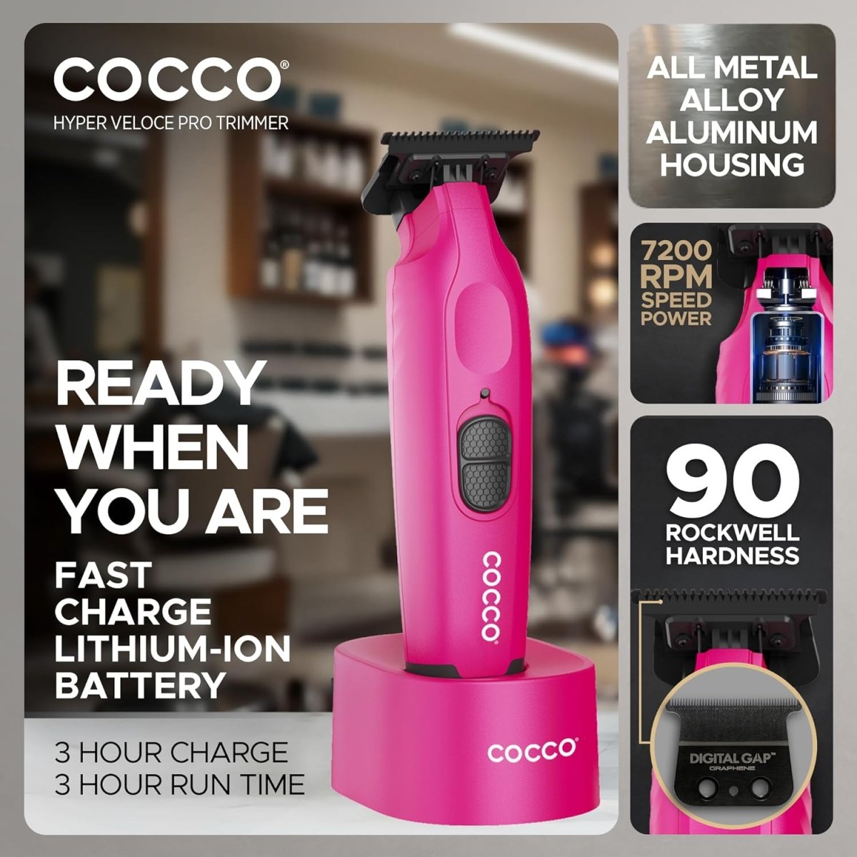 Cocco Hyper Veloce Pro Cordless Trimmer w/ Digital Gap Ambassador Graphene Blade + Charging Stand - Limited Edition Pink (CHVPT - PINK) - Kade Hair