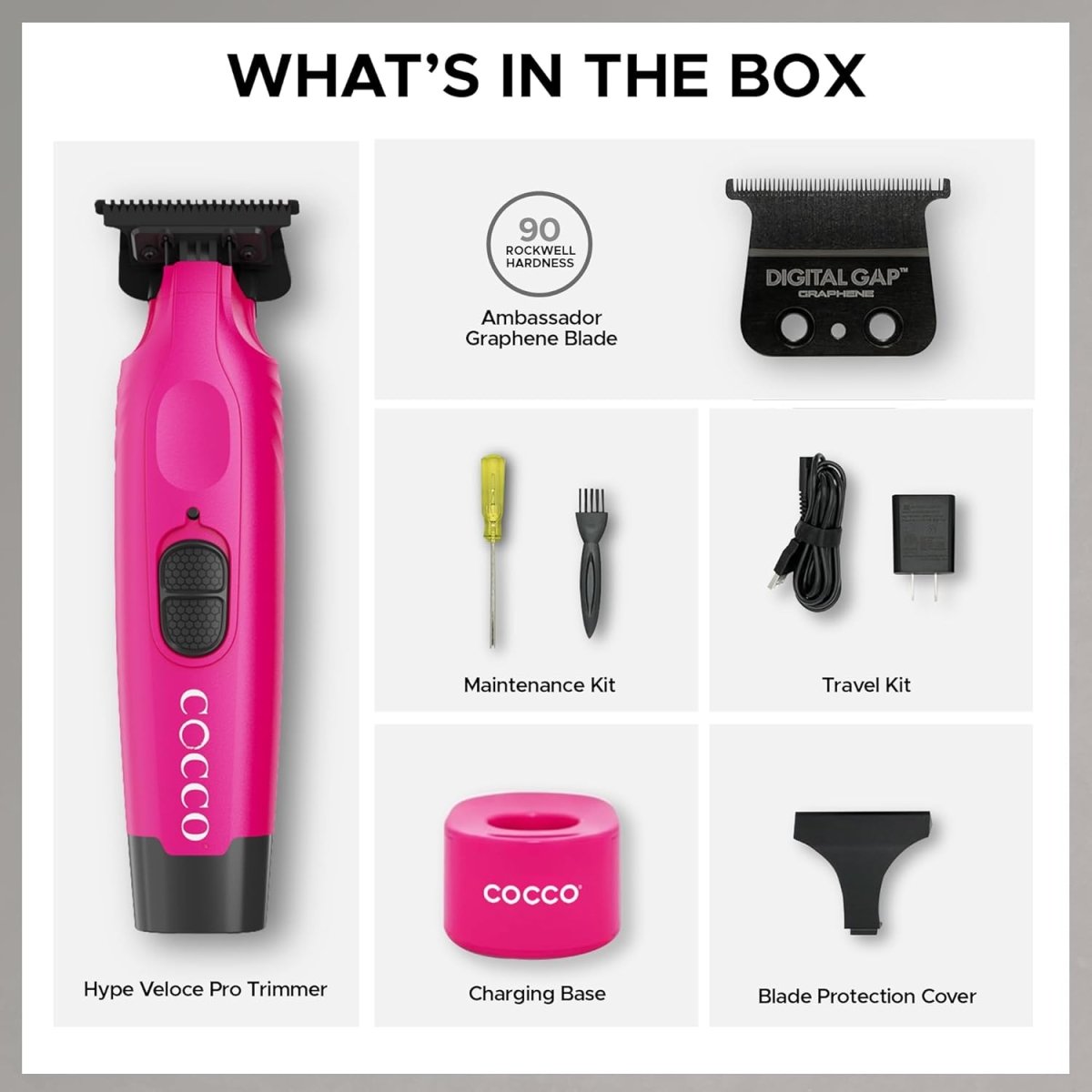 Cocco Hyper Veloce Pro Cordless Trimmer w/ Digital Gap Ambassador Graphene Blade + Charging Stand - Limited Edition Pink (CHVPT - PINK) - Kade Hair