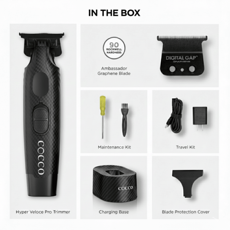 Cocco Hyper Veloce Pro Cordless Trimmer w/ Digital Gap Ambassador Graphene Blade - Limited Edition Carbon Fiber - Kade Hair