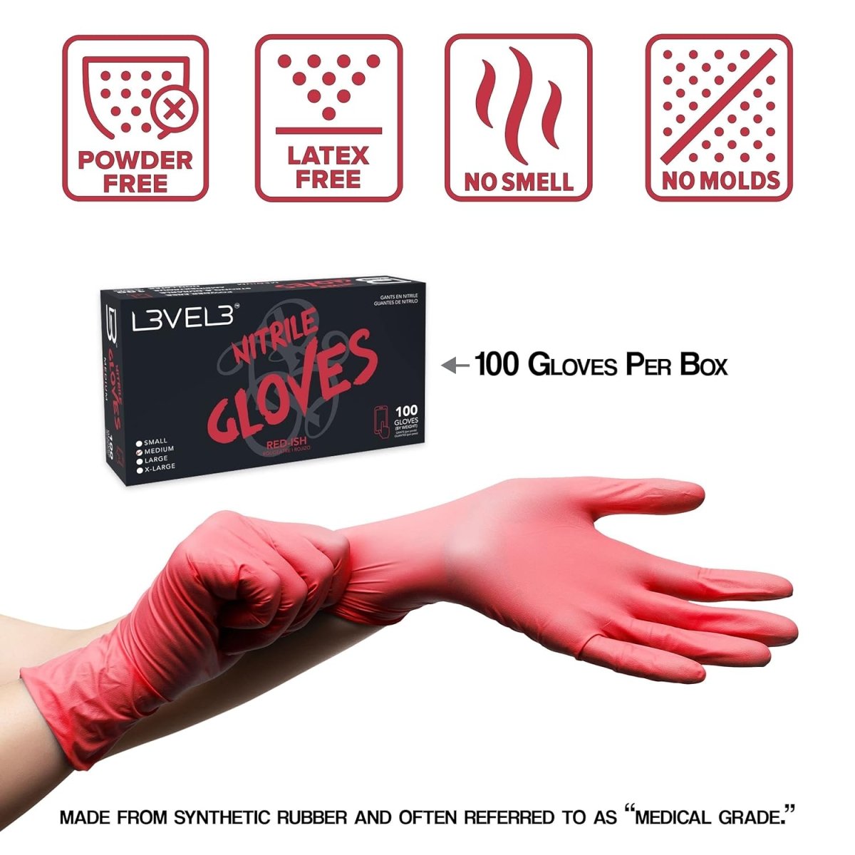 L3VEL3 Professional Nitrile Gloves 100pk - Red - ish - Kade Hair