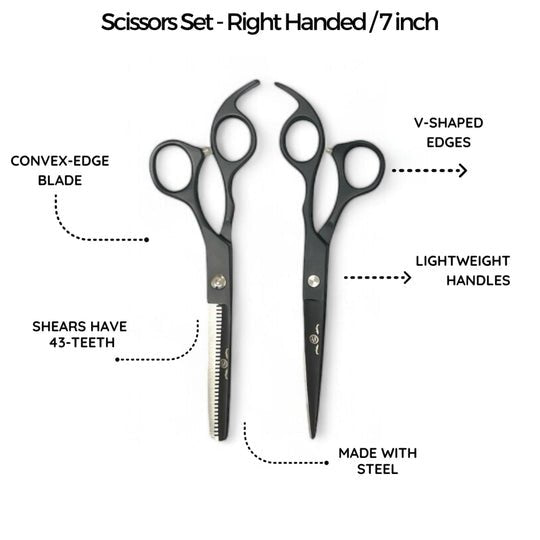 Rolda 7" Right Handed Hair Cutting Scissors & Thinning Shear Set - Black - Kade Hair