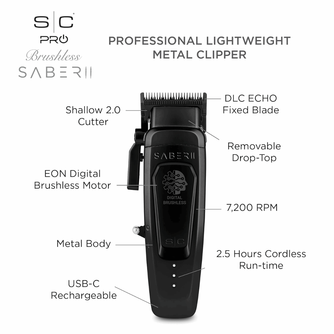 Saber 2 Professional Clipper - Modular Cordless Design with Brushless Motor (Black) - Kade Hair