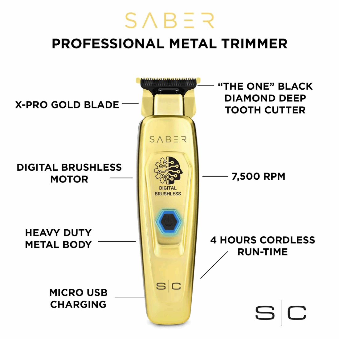 StyleCraft Gold Saber Trimmer - Professional Full Metal Body Digital Brushless Motor Cordless Hair Trimmer - Kade Hair