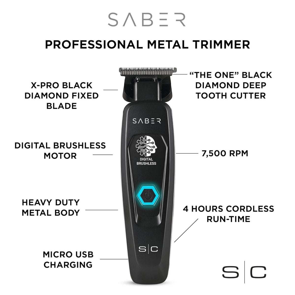 StyleCraft Saber Cordless Digital Brushless Motor Metal Trimmer - Black - Kade Hair
